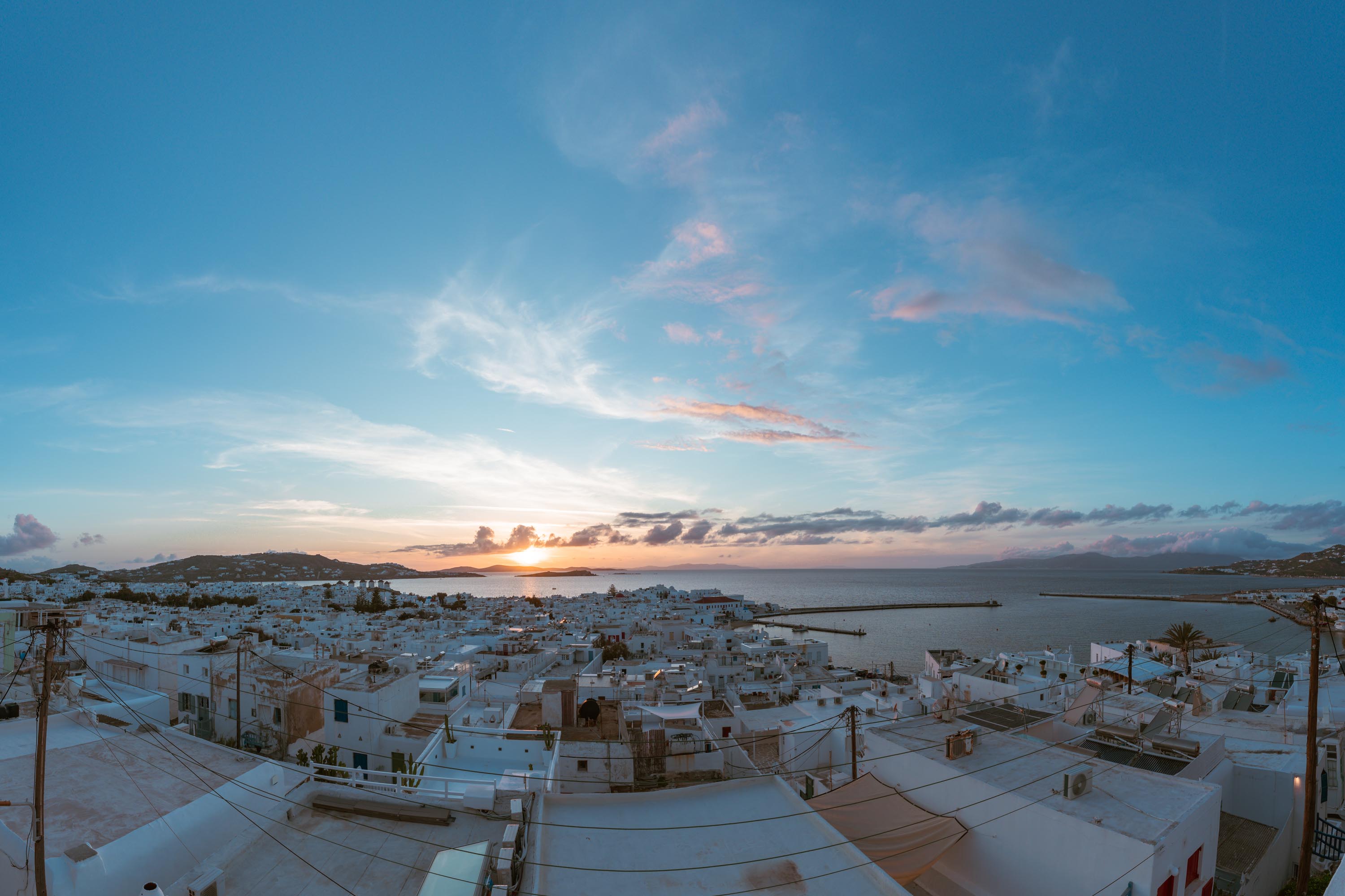 Panoramic sunset over Mykonos Town